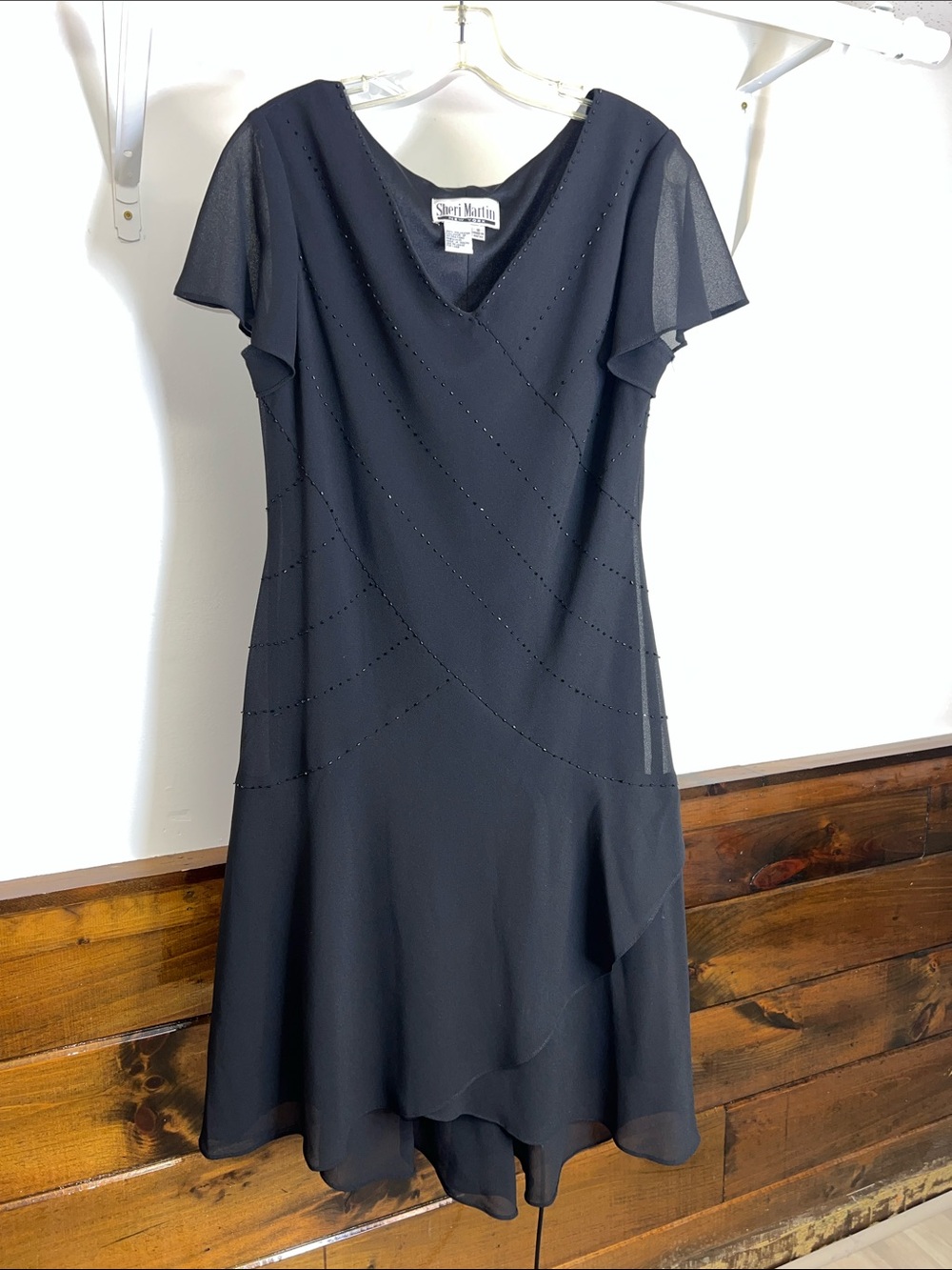 Sheri Martin Black V-Neck Beaded Flutter Sleeve Midi Dress- 10